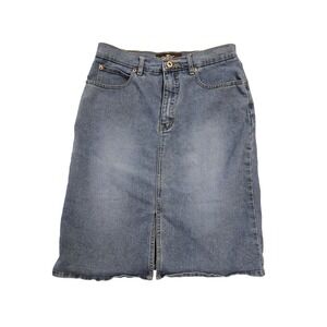 Lazer Jeans Medium Wash Denim Skirt Size 5 Faded Stretch Knee Length Front‎ Slit